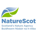 NatureScot logo, naturescot in blue with a leaf above